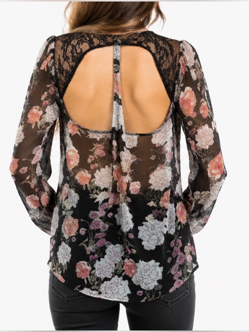 PLANET BLUE floral lace sheer blouse top XSMALL key hole back long bell sleeve